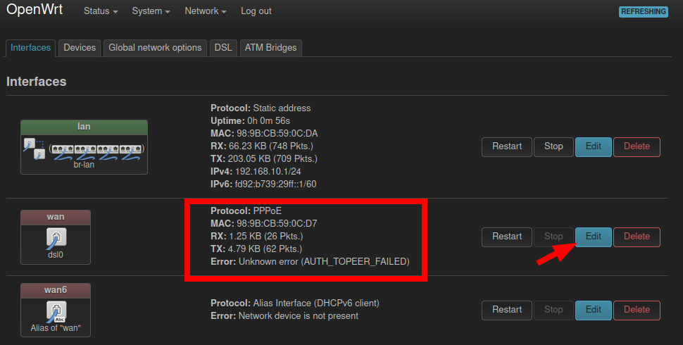 device dsl0 / dsl0.7 appears