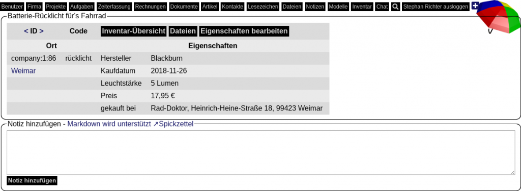 eines Eintrags in der Inventarverwaltung